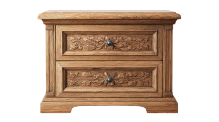 Vintage wooden nightstand with two drawers and intricate carved floral patterns, offering classic bedroom furniture design and functional storage on transparent background