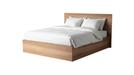 Modern wooden bed with clean white linens and pillows against a transparent background, providing comfort and relaxation in a contemporary bedroom furniture setting