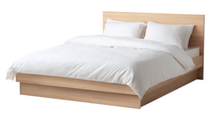 Wooden platform bed with natural oak finish, featuring clean white bedding and striped duvet, offering a minimalist decor for comfort and relaxation on transparent background