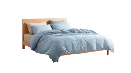 Wooden bed frame with light blue duvet and pillows offering comfort, relaxation, and modern bedroom interior design elements on a transparent background