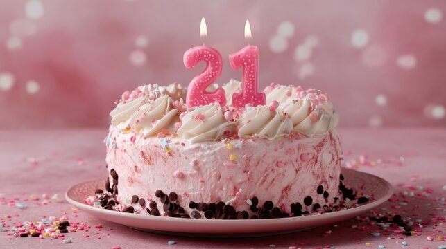 Pink 21st birthday cake with candles and sprinkles on decorated table