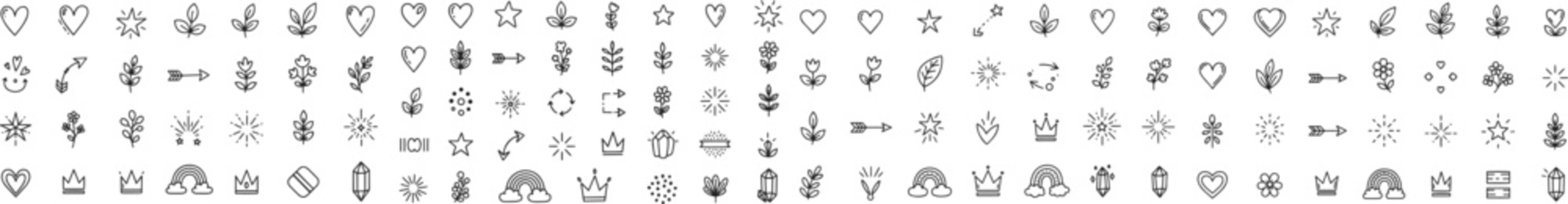 Big set of hand drawn boho doodle icons. Vector sketch hearts, stars, flowers, leaves and crystals. Cute black line art dividers and decoration elements for bullet journals and wedding stationery