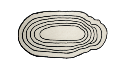 Organic shape rug featuring concentric black lines on a cream surface, creating a modern minimalist design object for contemporary home decor, with a transparent background