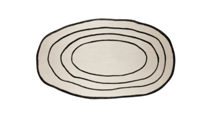 Abstract rug featuring organic black stripes and irregular oval shape, providing modern minimalist floor covering and interior decor on transparent background