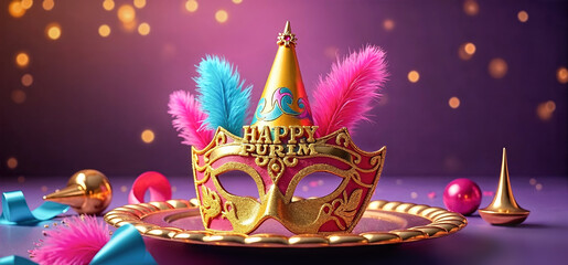 Festive Happy Purim banner with gold masquerade mask and party hat. Jewish holiday carnival decoration with colorful feathers and bokeh lights on purple background. Copy space for text