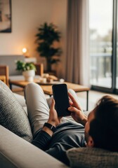 Obraz premium Man using smartphone with blank screen while lying on sofa for home technology