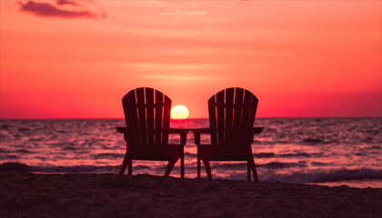 Seaside Sunset Serenity: Two chairs sit invitingly on a sandy beach, silhouetted against a vibrant sunset sky that paints the ocean in warm hues. A moment of peace and reflection by the sea.