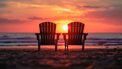 Serene Sunset Retreat: Two empty wooden chairs face the ocean at sunset, embodying serenity, contemplation, and peacefulness. The fiery sky provides a breathtaking backdrop to the tranquil scene.