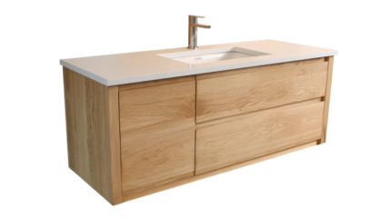 Modern floating bathroom vanity with light wood cabinet, white integrated rectangular ceramic sink and chrome faucet, minimalist storage drawers on transparent background
