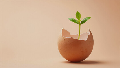 Emergence of New Life: A tender seedling unfurls its delicate leaves, emerging from the protective shell of an egg, symbolizing growth, renewal, and the dawn of a fresh start.