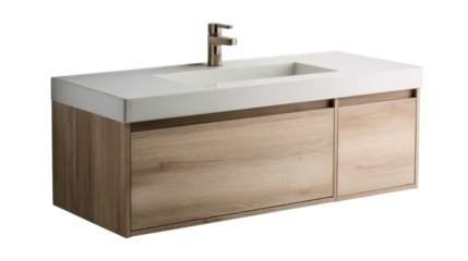 Modern floating bathroom vanity with integrated rectangular white sink, brass faucet and light oak cabinetry, minimalist warm wood finish ideal for contemporary interiors
