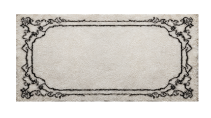 White fluffy rug or floor mat with ornate black border design, providing comfort and elegance for home interior decor on a transparent background