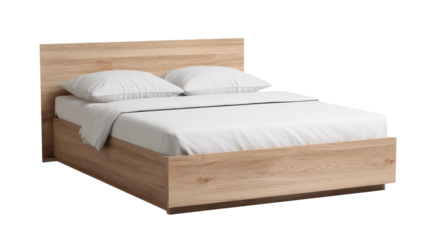 Light oak double bed with minimalist headboard, crisp white sheets, duvet and pillows on a transparent background  modern, cozy bedroom furniture ready for easy integration