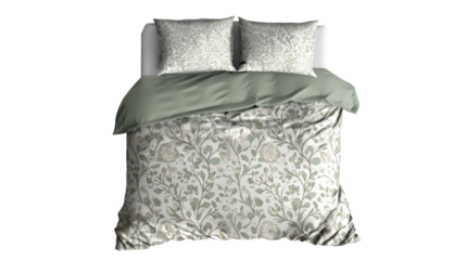 Bedroom bed featuring a beautiful botanical floral and leaf pattern on a white and sage green duvet cover and pillows, offering comfort and style for interior home decor on transparent background