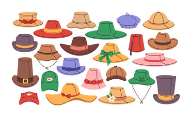 Collection of various hat styles fashion outfits with fedoras, beanies, sun caps and elegant berets