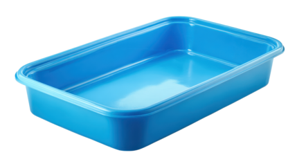 Blue rectangular plastic container, an empty storage bin or utility tray without lid, for home organization or kitchenware, on a transparent background