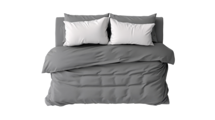 Modern bed with clean gray duvet and white pillows, providing comfort and relaxation, ready for a good night's sleep in a cozy bedroom setting, top down shot