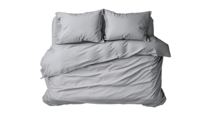 Unmade full size bed with two pillows and duvet, featuring wrinkled gray fabric for sleeping, relaxing, and comfortable home living, top view on transparent background
