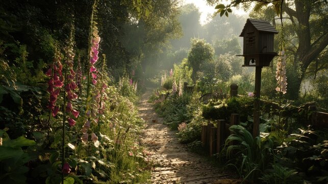 Enchanting sunlit garden pathway with wildflowers and birdhouse in tranquil forest - Powered by Adobe
