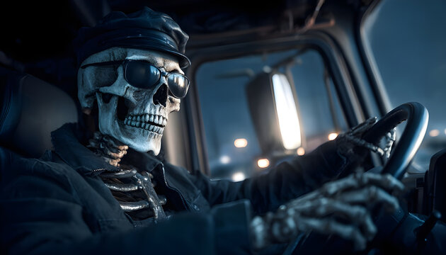 Skeletal hell driver operating a truck