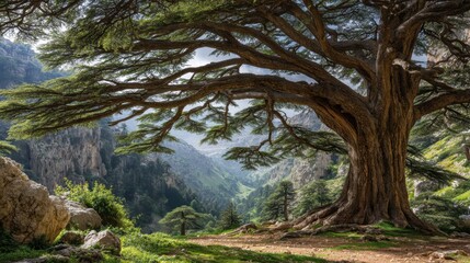 Majestic ancient cedar tree in mountainous landscape with lush greenery