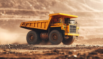 Obraz premium Animation of the yellow dump truck driving through the vast dig site