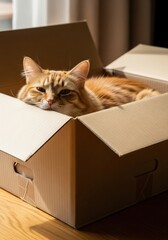 Fototapeta premium Cute domestic cat sitting inside cardboard box on white background