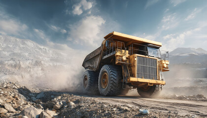 Obraz premium Animation of the yellow dump truck driving through the vast dig site