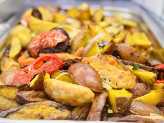 Baked Mix Of Tasty Vegetables, Golden Roasted Vegetables Infused With Herbs And Aromatic Spices, Delightful Ovenbaked Vegetable Selection Featuring Herbs And Flavorful Spice Blend