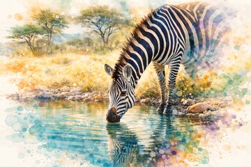Fototapeta premium Beautiful watercolor painting of a zebra drinking water in the sunny African savanna.