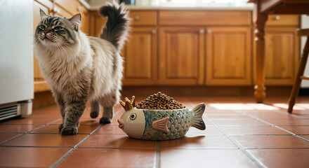 Domestic cat walking beside a fish-shaped food bowl in kitchen  