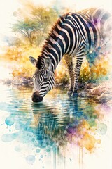 Fototapeta premium A stylized watercolor painting of a zebra drinking water from a pool in the African savanna with vibrant, expressive color splashes.