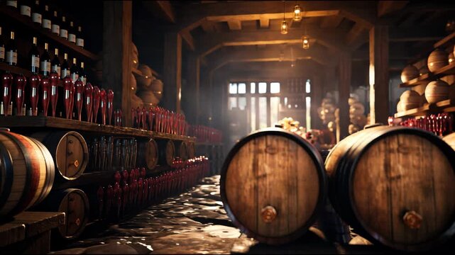 Old wooden barrels in dark wine cellar, vintage oak casks in storage of winery, concept of vineyard, wood