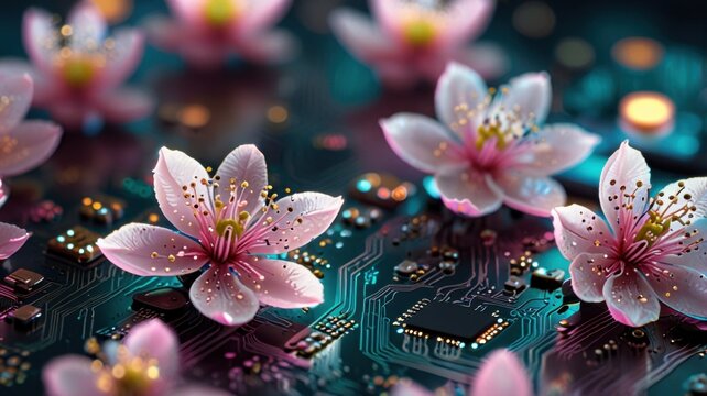 Pink Sakura Cherry Blossoms Blooming on Green PCB Technology Background