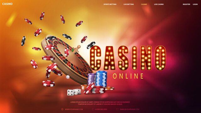 Casino online is the title of the image. A casino scene with a roulette wheel and a pile of chips. A website for online casino
