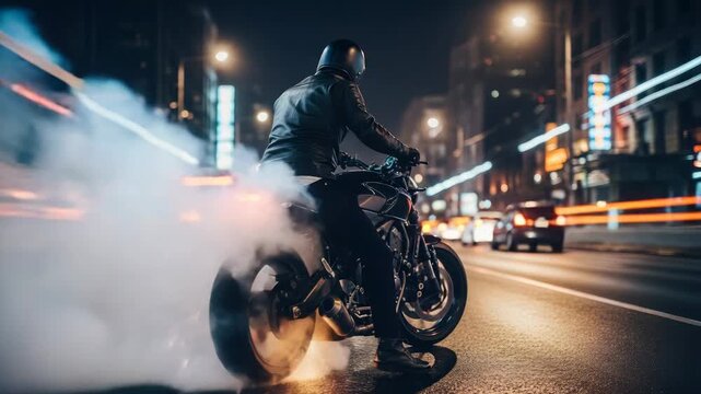 Motorcyclist Performing Burnout in Smoky City Street at Night
