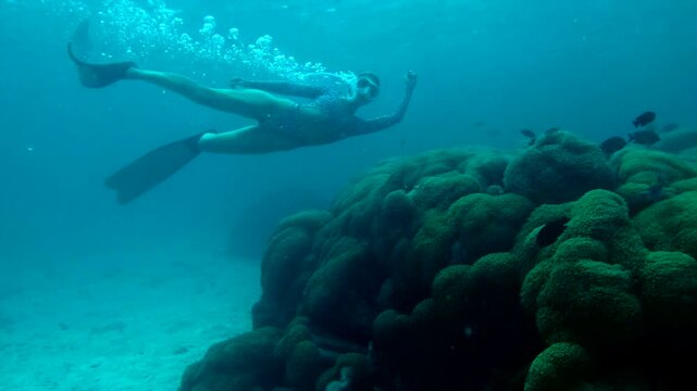Woman freediving and snorkeling over a coral reef