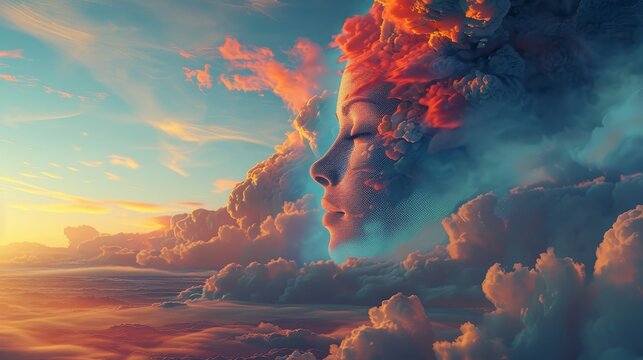 Dreamlike celestial vision, Mystical profile emerges among luminous golden sunset clouds, Serene horizon is filled with glowing shards and drifting embers in sunset sky - Powered by Adobe