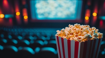 Footage of salty popcorn in theater, Crisp salted popcorn spilling over in cinema setting, Intimate shot of buttery popcorn with blurred theater seats and glowing screen