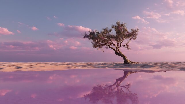An endless desert where the sand is made of shattered mirrors reflecting a purple sky, a single tree grows upside down, hyper-real surrealism, 32K clarity, cinematic depth, 