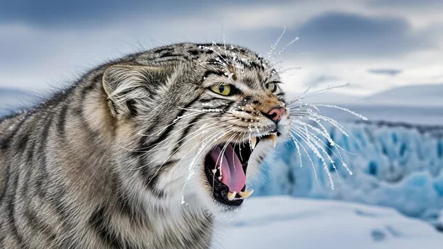 Pallas's Cat Yawning in Snowy Mountain Landscape, Wild Animal Close-up