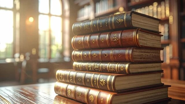 Stack of antique leather-bound books with golden details, resting on a wooden table in library.