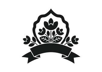 Black and white floral logo with a ribbon banner