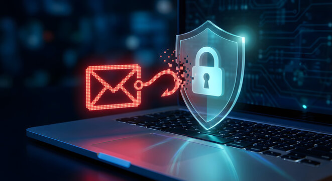 cyber security concept with glowing email phishing hook attacking a digital padlock behind a glass shield on a laptop representing data protection and network safety from hackers - Powered by Adobe