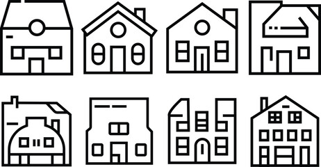 Fototapeta premium Collection of simple black house icons on white background with various architectural styles