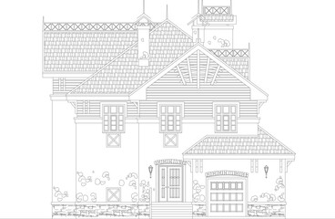 Fototapeta premium Classical European estate elevation vector. Detailed gable roofs, stone textures, and ornate timber accents. Professional architectural line art.