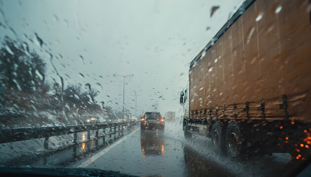 POV view from a car while driving in the rain on a snowy road. A car overtakes a large truck with a trailer. First-person view passenger traveling by car on a cloudy spring or winter day