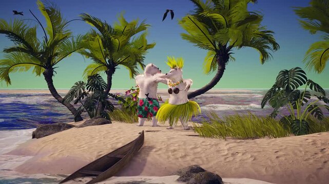 3D Animation of a Couple of Polar Bears Dancing on Tropical Beach, Romantic Travel Getaway with Exotic Island, Palm Trees, Ocean, Paradise Holiday, Ideal for Love, Honeymoon, and Valentine&rsquo;s Day.
