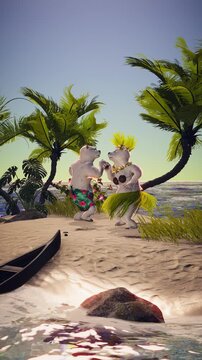 3D Animation of a Couple of Polar Bears Dancing on Tropical Beach, Romantic Travel Getaway with Exotic Island, Palm Trees, Ocean, Paradise Holiday, Ideal for Love, Honeymoon, and Valentine&rsquo;s Day.