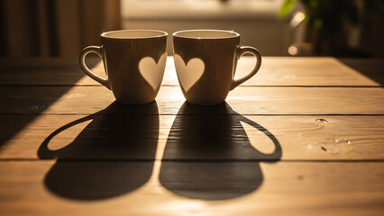 Two heart-shaped coffee cups on a wooden table in warm sunlight